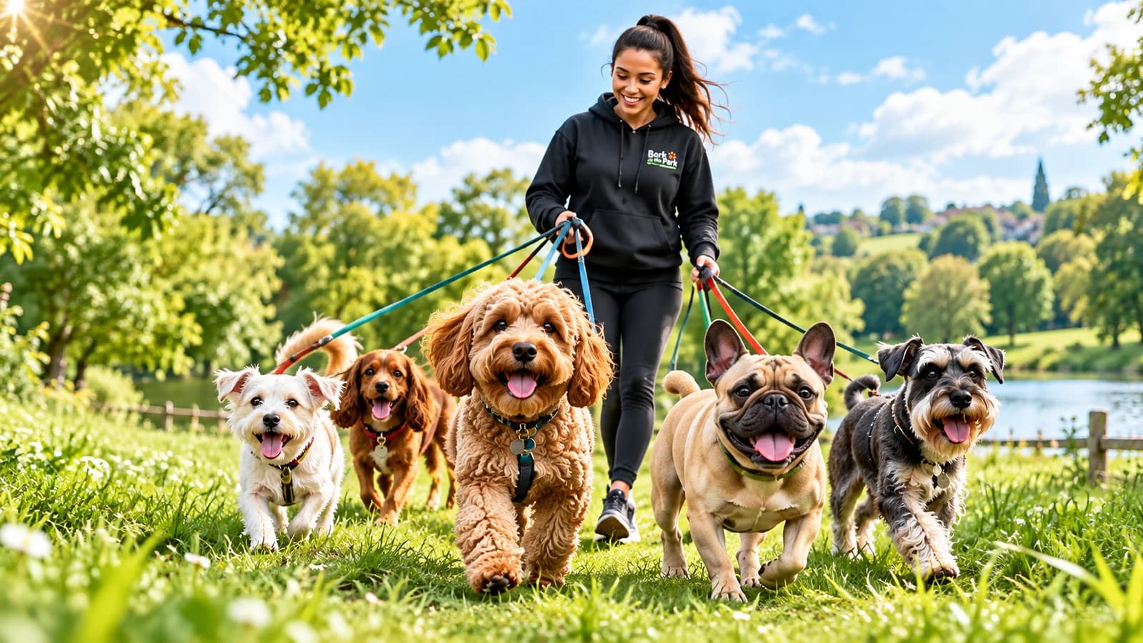Dog walker enjoying a park walk with a group of small and medium dogs